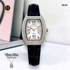 Đồng Hồ Nữ Royal Quartz 3635 Dây Da Đen Mặt Trắng Viền Đá