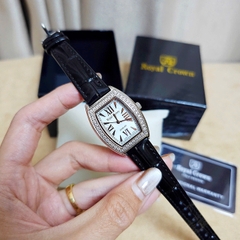 Đồng Hồ Nữ Royal Quartz 3635 Dây Da Đen Mặt Trắng Viền Đá