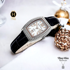 Đồng Hồ Nữ Royal Quartz 3635 Dây Da Đen Mặt Trắng Viền Đá
