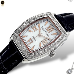 Đồng Hồ Nữ Royal Quartz 3635 Dây Da Đen Mặt Trắng Viền Đá