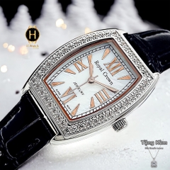 Đồng Hồ Nữ Royal Quartz 3635 Dây Da Đen Mặt Trắng Viền Đá