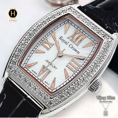 Đồng Hồ Nữ Royal Quartz 3635 Dây Da Đen Mặt Trắng Viền Đá