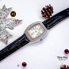 Đồng Hồ Nữ Royal Quartz 3635 Dây Da Đen Mặt Trắng Viền Đá