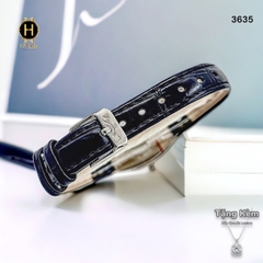 Đồng Hồ Nữ Royal Quartz 3635 Dây Da Đen Mặt Trắng Viền Đá