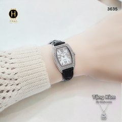Đồng Hồ Nữ Royal Quartz 3635 Dây Da Đen Mặt Trắng Viền Đá
