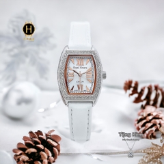 Đồng Hồ Nữ Royal Crown Quartz 3635 Dây Da Trắng Mặt Trắng Viền Đá