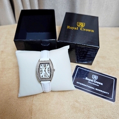 Đồng Hồ Nữ Royal Crown Quartz 3635 Dây Da Trắng Mặt Trắng Viền Đá