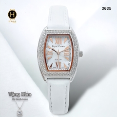 Đồng Hồ Nữ Royal Crown Quartz 3635 Dây Da Trắng Mặt Trắng Viền Đá
