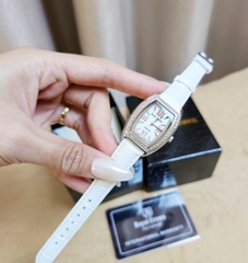 Đồng Hồ Nữ Royal Crown Quartz 3635 Dây Da Trắng Mặt Trắng Viền Đá
