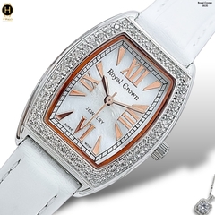 Đồng Hồ Nữ Royal Crown Quartz 3635 Dây Da Trắng Mặt Trắng Viền Đá