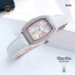 Đồng Hồ Nữ Royal Crown Quartz 3635 Dây Da Trắng Mặt Trắng Viền Đá