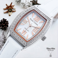 Đồng Hồ Nữ Royal Crown Quartz 3635 Dây Da Trắng Mặt Trắng Viền Đá