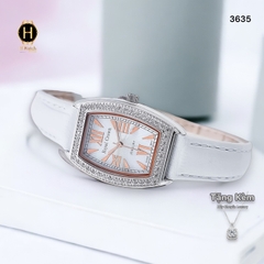 Đồng Hồ Nữ Royal Crown Quartz 3635 Dây Da Trắng Mặt Trắng Viền Đá