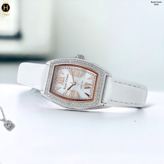 Đồng Hồ Nữ Royal Crown Quartz 3635 Dây Da Trắng Mặt Trắng Viền Đá