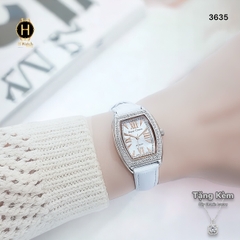 Đồng Hồ Nữ Royal Crown Quartz 3635 Dây Da Trắng Mặt Trắng Viền Đá