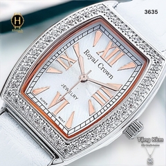 Đồng Hồ Nữ Royal Crown Quartz 3635 Dây Da Trắng Mặt Trắng Viền Đá