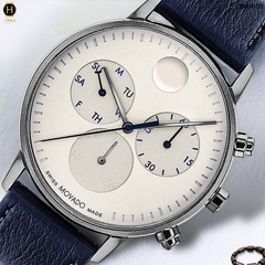 Đồng Hồ Nam Movado Quartz Chronograph 3640103 Face Dây Da Xanh Lam Mặt Trắng