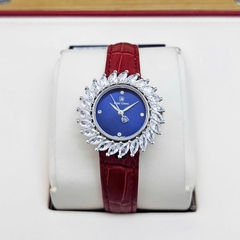Đồng Hồ Nữ Royal Quartz 4652 Dây Da Vỏ Trắng Mặt Xanh Viền Đá