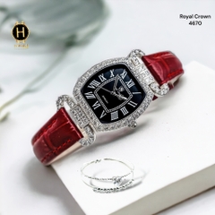 Đồng Hồ Nữ Royal Crown Quartz 4670 Da Đỏ Mặt Trắng
