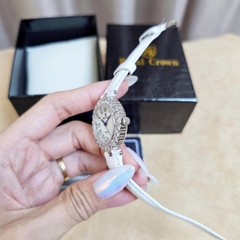 Đồng Hồ Nữ Royal Crown Quartz 6305 Dây Da Trắng Mặt Trắng Viền Đá