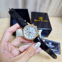Đồng Hồ Nữ Royal Quartz 6420 Dây Da Đen Mặt Trắng Viền Đá