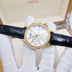Đồng Hồ Nữ Royal Quartz 6420 Dây Da Đen Mặt Trắng Viền Đá