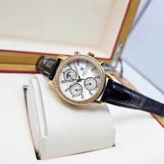 Đồng Hồ Nữ Royal Quartz 6420 Dây Da Đen Mặt Trắng Viền Đá