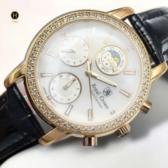 Đồng Hồ Nữ Royal Quartz 6420 Dây Da Đen Mặt Trắng Viền Đá