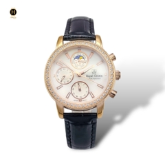 Đồng Hồ Nữ Royal Quartz 6420 Dây Da Đen Mặt Trắng Viền Đá