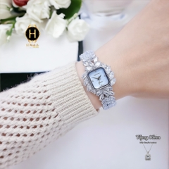 Đồng Hồ Nữ Royal Quartz 6522 Dây Thép Trắng Mặt Trắng Viền Đá Nổi Bật