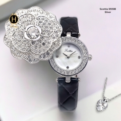 Đồng Hồ Nữ Scottie Quartz 9559B  Da Đen Vỏ Trắng Mặt Trắng