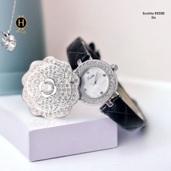 Đồng Hồ Nữ Scottie Quartz 9559B  Da Đen Vỏ Trắng Mặt Trắng