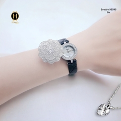 Đồng Hồ Nữ Scottie Quartz 9559B  Da Đen Vỏ Trắng Mặt Trắng