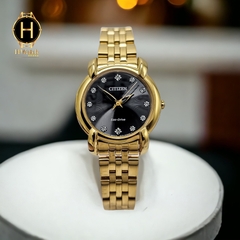 Đồng Hồ Nữ Citizen Quartz Eco-Drive EM0712-59E Dây Sắt Vàng Mặt Đen Sapphire