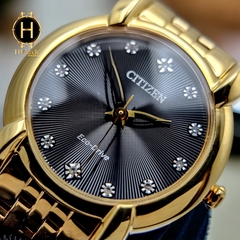 Đồng Hồ Nữ Citizen Quartz Eco-Drive EM0712-59E Dây Sắt Vàng Mặt Đen Sapphire