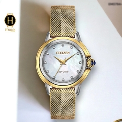 Đồng Hồ Nữ Citizen Quartz Eco-Drive EM0794-54D Dây Thép Vàng Mặt Trắng Xà Cừ