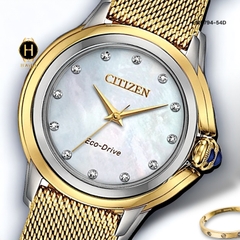 Đồng Hồ Nữ Citizen Quartz Eco-Drive EM0794-54D Dây Thép Vàng Mặt Trắng Xà Cừ