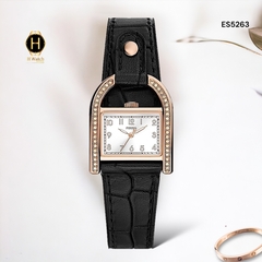 Đồng Hồ Nữ Fossil Quartz Harwell ES5263 Dây Da Đen Thép Vàng Hồng Mặt Trắng