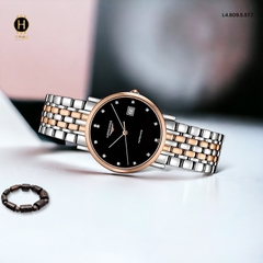 Đồng Hồ Unisex Longines Automatic L4.809.5.57.7 Dây Thép Demi Vàng Hồng Mặt Đen Đính Diamond.