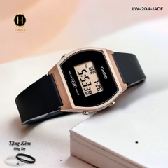 Đồng Hồ Nữ Casio LW-204-1ADF Dây Cao Su Đen Mặt Đen Viền Hồng