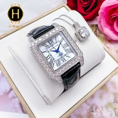 Đồng Hồ Nữ Royal Crown Quartz 6104M Vuông Da Đen