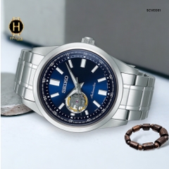 Đồng Hồ Nam Seiko Automatic Open Heart SCVE051 Dây Thép Vỏ Trắng Mặt Xanh