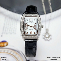 Đồng Hồ Nữ Royal Crown Quartz 3635 Vuông Dây Da Đen