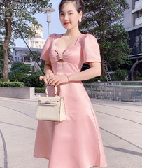 Váy hồng xòe khoét ngực V1676