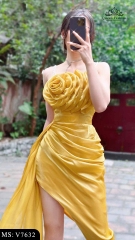 Váy body tơ vàng dự tiệc xẻ tà đính hoa 3D thủ công sang chảnh V7632