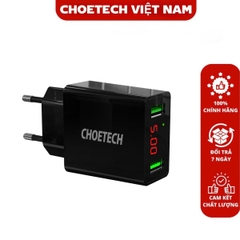 Củ sạc 2 cổng USB-A Choetech C0028 có màn hình hiển thị điện áp (Hàng chính hãng)