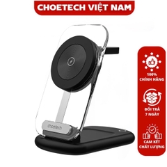Đế sạc không dây Magsafe 3 in 1 xếp gọn 15W Choetech T618 trong suốt có đèn dùng sạc cho Điện thoại, Tai nghe và Apple watch (Hàng chính hãng)