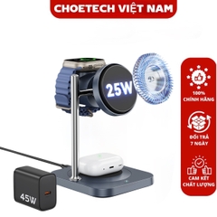 Đế sạc nhanh không dây 3 in 1 Choetech T641-G 25w chuẩn Qi2 tích hợp làm mát chủ động cho thiết bị Apple (Hàng chính hãng)