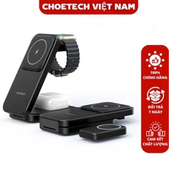 Đế sạc nhanh Magsafe 3 in 1 xếp gọn 15W Choetech T611 dùng sạc cho điện thoại, tai nghe và đồng hồ thông minh (Hàng chính hãng)