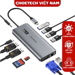 Hub Chuyển Đổi 12 in 1 Choetech M26 (Type C To HDMI, VGA, USB, SD, RJ45, Jack 3.5mm, USB C)- Hàng Chính Hãng